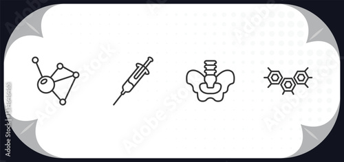 outline icons set - medical concept. molecular configuration, syringe with medicine, pelvic area, three hexagons cell.