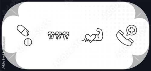 outline icons set - medical concept. tablets, braces, fit, emergency call.