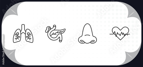 outline icons set - medical concept. lungs, pancreas, e, cardiogram.