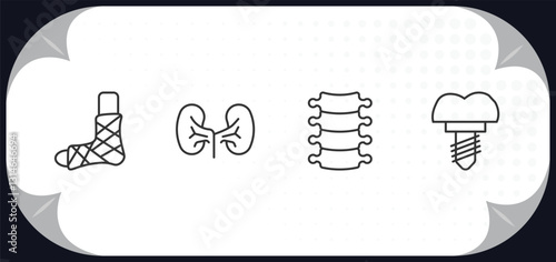 outline icons set - medical concept. plastered foot, kidney, spinal column, implants.