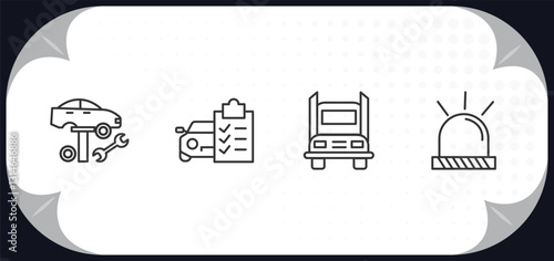 outline icons set - mechanicons concept. car tire change, car repair check list, big truck, car beacon on.