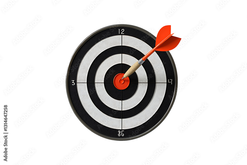 A dart board with a dart in the center Isolated on White and Transparent Background PNG Image. A dart board with a dart in the center Isolated on White and Transparent Background PNG Image.