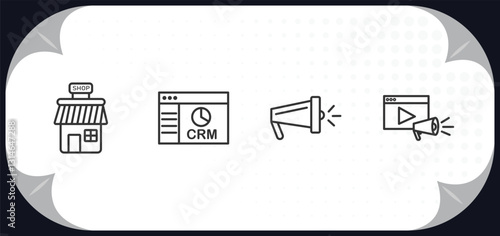 outline icons set - marketing concept. shop, crm, campaign, video marketing.