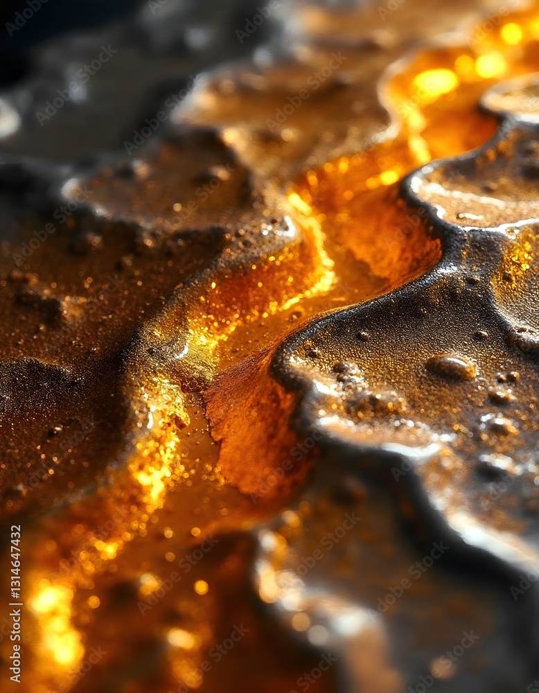 Abstract Metallic Liquid Surface with Golden Highlights and Textural Waves Abstract Metallic Liquid Surface with Golden Highlights and Textural Waves