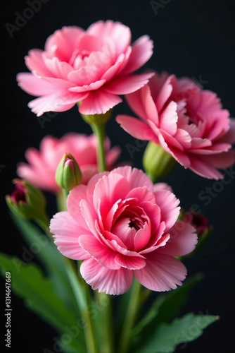 Close up of pink carnations bouquet with green leaves, botany, decoration, nature
