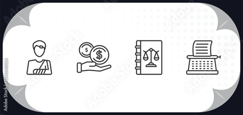 outline icons set - law and justice collection. concept. accident and injuries, bribery, law book, stenographer.
