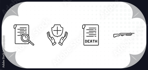 outline icons set - law and justice concept. investigation, qualified protection, death certificate, shotgun.