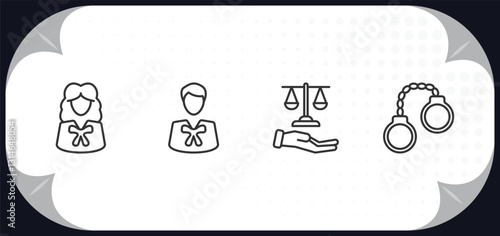 outline icons set - law and justice concept. attorney, advocate, justice scales in hand, criminal.