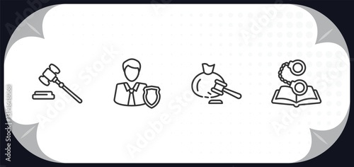 outline icons set - law and justice concept. gavel, custody, inheritance law, criminal law.