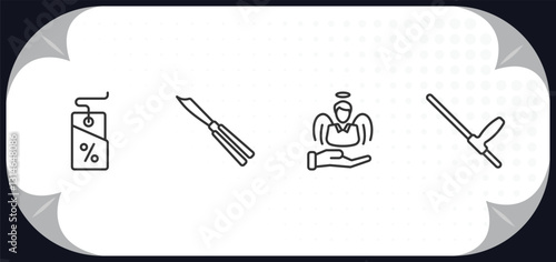 outline icons set - law and justice concept. bargain, butterfly knife, innocent, baton.