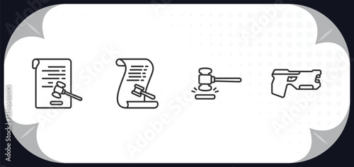 outline icons set - law and justice concept. corporative law, law paper, case closed, electroshock weapon.