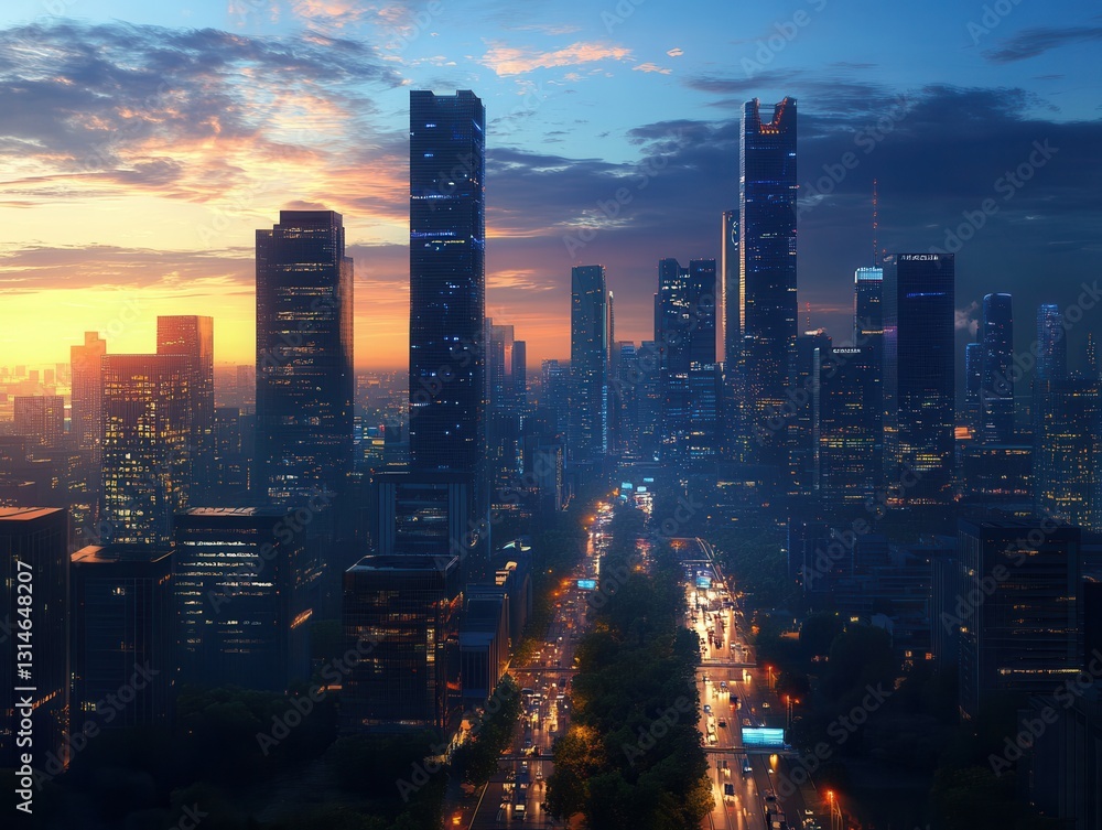 Fototapeta premium Futuristic city skyline illuminated at twilight with smart technology and vibrant life bustling below. Generative AI