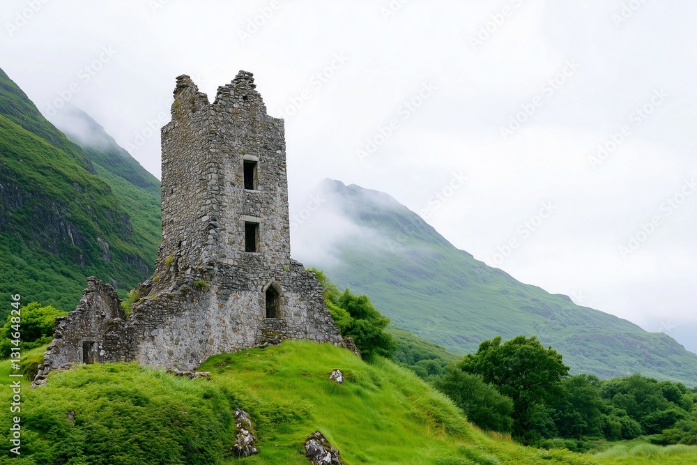 Ancient Castle Ruins in a Green Mountain Landscape Ancient Castle Ruins in a Green Mountain Landscape