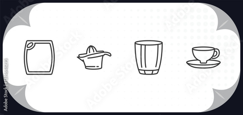 outline icons set - kitchen concept. cutting board, squeezer, glass, saucer.