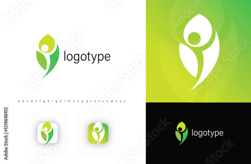 Abstract leaf and human figure logo in green tones, symbolizing nature, wellness, sustainability. Ideal for eco-friendly brands, health businesses, organic products, holistic wellness. Vector logo