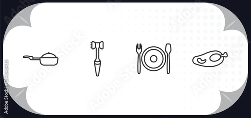 outline icons set - kitchen concept. stew pot, meat tenderizer, dinner, broiler.
