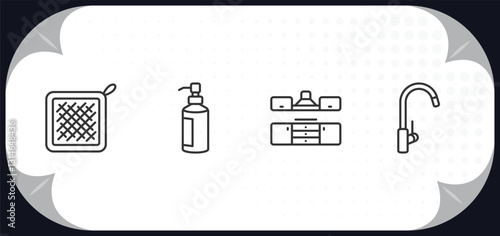 outline icons set - kitchen concept. kitchen mitten, soap dispenser, kitchen, tap.
