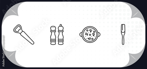 outline icons set - kitchen concept. bottle opener, salt and pepper, paella, paddle.