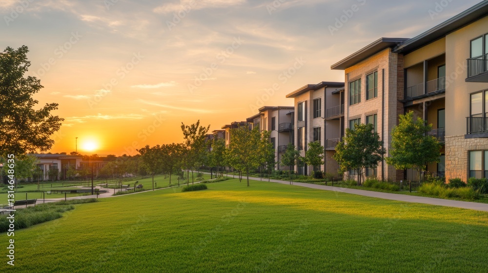 beautiful sunset seen from an apartment complex on a meadow beautiful sunset seen from an apartment complex on a meadow