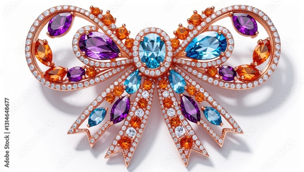 Brooch bow adorned with gems, isolated on a white background. Brooch bow adorned with gems, isolated on a white background.