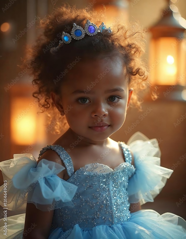 Little Girl Wearing a Crown and Blue Dress with Decorative Lanterns Little Girl Wearing a Crown and Blue Dress with Decorative Lanterns