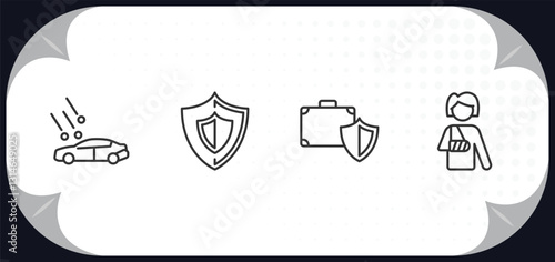 outline icons set - insurance concept. hail on the car, safe, luggage insurance, broken arm.
