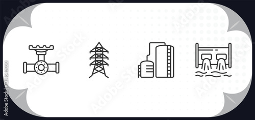 outline icons set - industry concept. pipes, power tower, oil tank, hydro power generation.