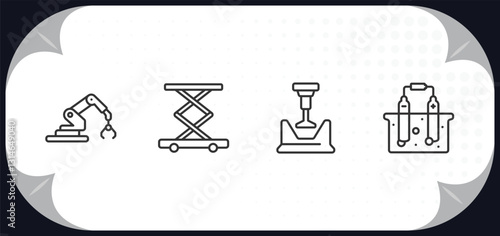 outline icons set - industry concept. robotic arm,, lift, crusher, electrolysis.