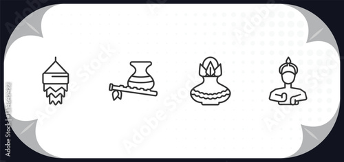outline icons set - india concept. kandeel, bhagavan, kumbh kalash, indian goddess.