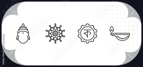 outline icons set - india concept. sarai, mandala, bengali language, oil lamp.