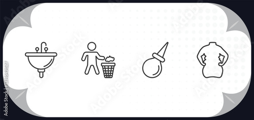outline icons set - hygiene concept. washbasin, throw, l aspirator, body shaming.