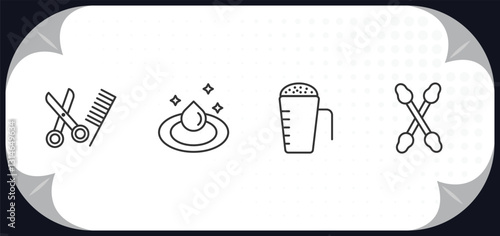 outline icons set - hygiene concept. grooming, purity, detergent dose, cotton swabs.