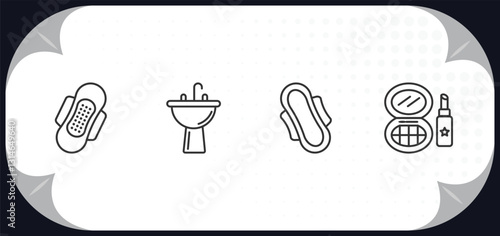 outline icons set - hygiene collection. concept. sanitary napkin, washbowl, hygienic pad, cosmetics.