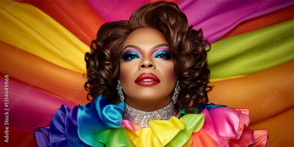 Obraz premium Colorful and Dramatic Portrait: Woman in Rainbow Wig with Bold Makeup and Rainbow Outfit in Vibrant Setting