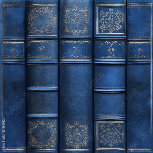 Canvas Print Antique Blue Leather Bound Books with Golden Ornamentation, Close-Up Aesthetic Details and Textures