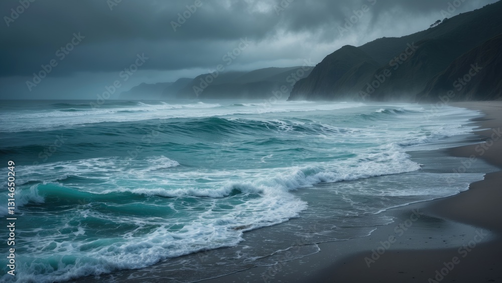 Fototapeta premium captivating scenery of the shoreline being approached by mesmerizing ocean waves