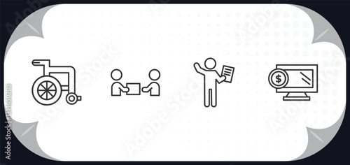 outline icons set - humans concept. wheel chair, give over, worker with notepad, online business.