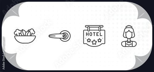 outline icons set - hotel and restaurant concept. vegetarian, doorknob, hotel, servant.