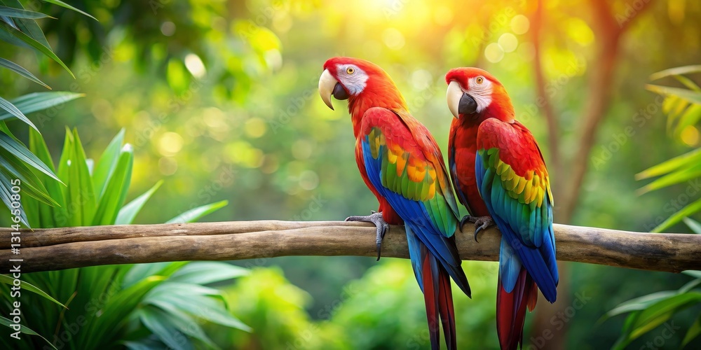 Two vibrant scarlet macaws perched on a branch amidst lush, green foliage, bathed in sunlight Two vibrant scarlet macaws perched on a branch amidst lush, green foliage, bathed in sunlight