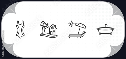 outline icons set - holidays concept. swimming suit, beach house, sunbath, bathtube.
