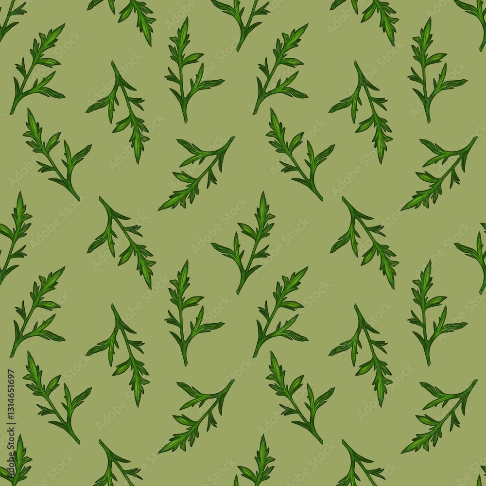 Obraz premium A watercolor seamless pattern featuring green leaves are intricately designed, showcasing various on a green background.