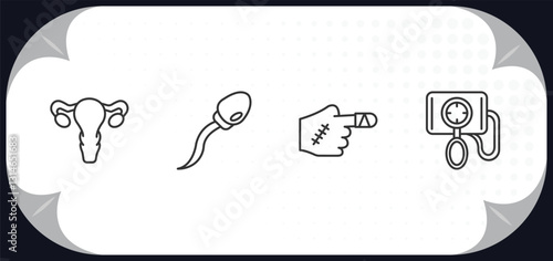 outline icons set - health and medical concept. gynecology, sperm, injury, blood pressure gauge.