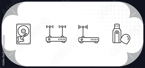 outline icons set - hardware concept. harddrive, modem with two antenna, hardware hotspot, pendrive with cover.