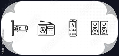 outline icons set - hardware concept. network interface card, fm radio, keypad phone, two stereo speakers.