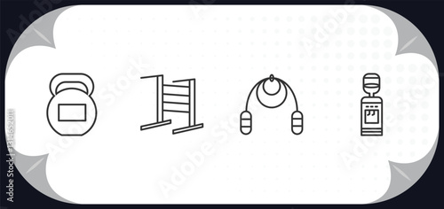 outline icons set - gym equipment concept. kettlebells, gym bars, jumping rope, water hine.