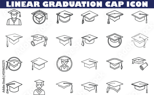 Linear Graduation Cap Icons Education, Achievement, Success Symbols