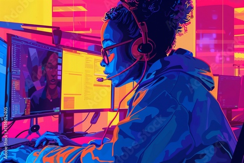 Digital Artist Working on Computer in Colorful Studio