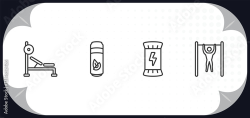 outline icons set - gym and fitness concept. barbell bench press, fitness drink, energy snack, exercise hang bar.