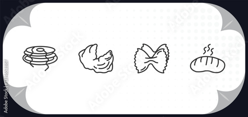 outline icons set - gastronomy concept. pancakes, oyster, aroni, bun.