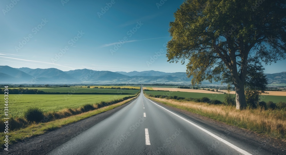 Fototapeta premium Scenic countryside view featuring a straight road beside a tree, with expansive open fields leading towards distant mountains beneath a clear, azure sky.